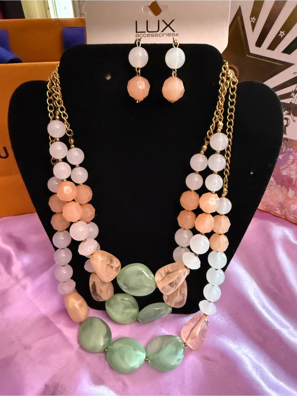 Lux Peach, Pale Pink & Mint Layered Beaded Necklace with Matching Earrings